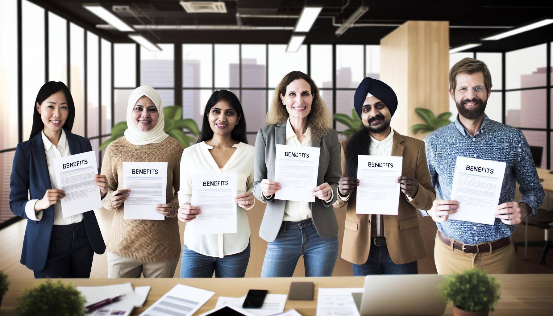 Group of employees holding enrolment documents