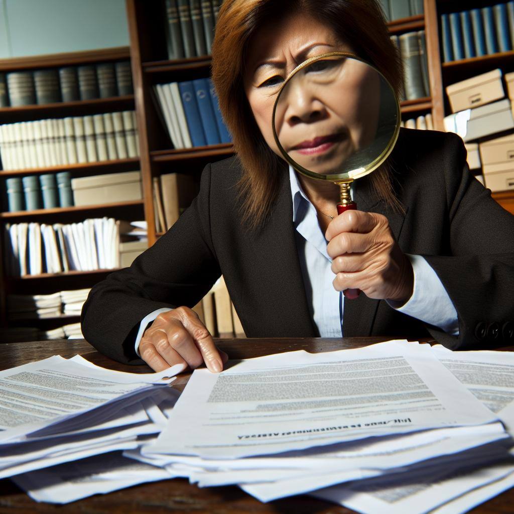 An image of a person holding a magnifying glass, examining various insurance policy documents.